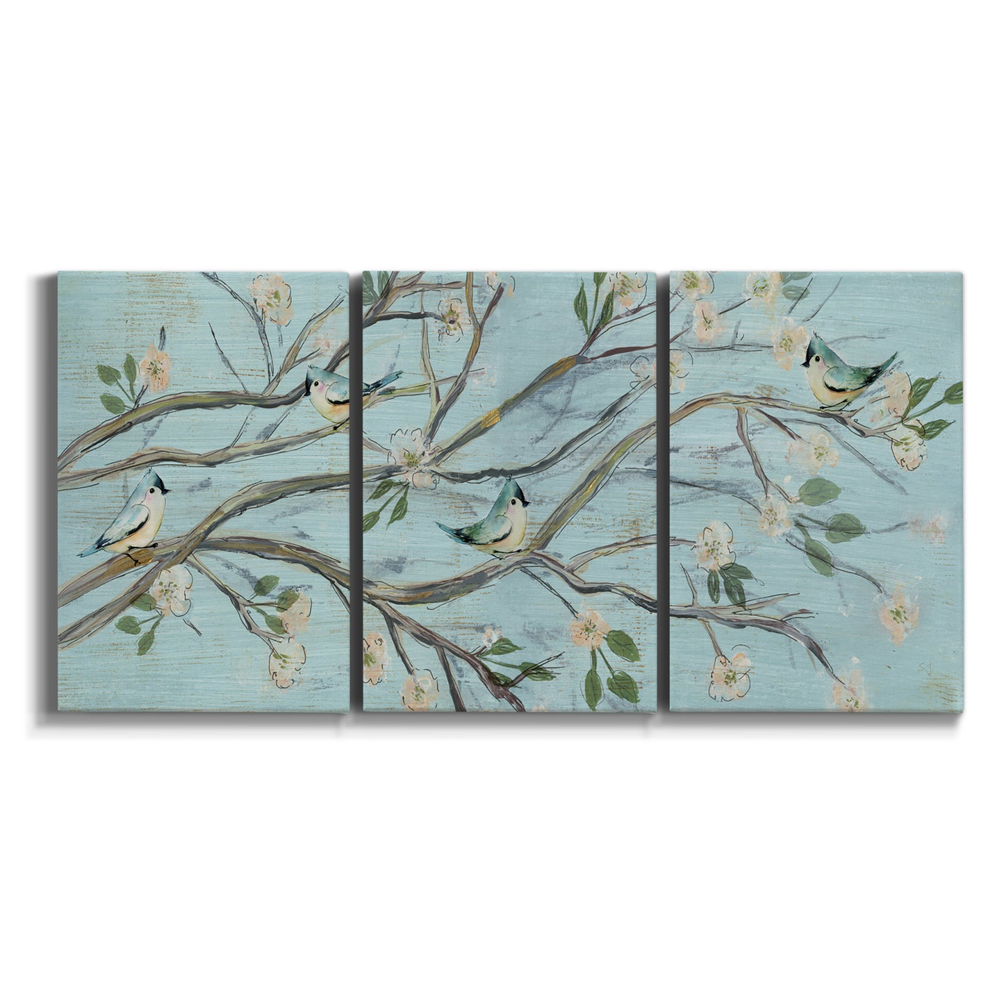 Three-panel canvas wall art featuring blue sky with flowering branches on white background.
