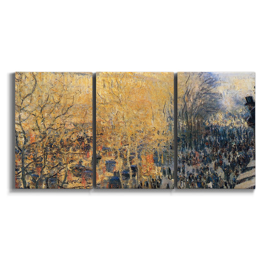 Three-panel canvas wall art featuring busy paris boulevard with crowds on white background.