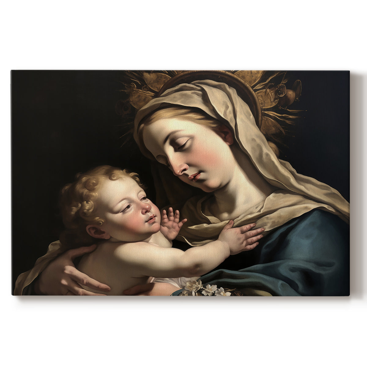Mother and child embrace in a serene moment set against a dark background highlighting devotion and tenderness