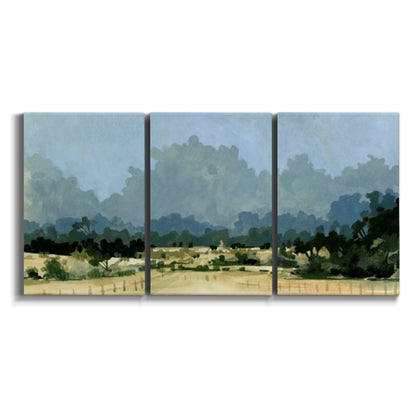 Three-panel canvas wall art featuring rural farmland landscape in watercolor on white background.