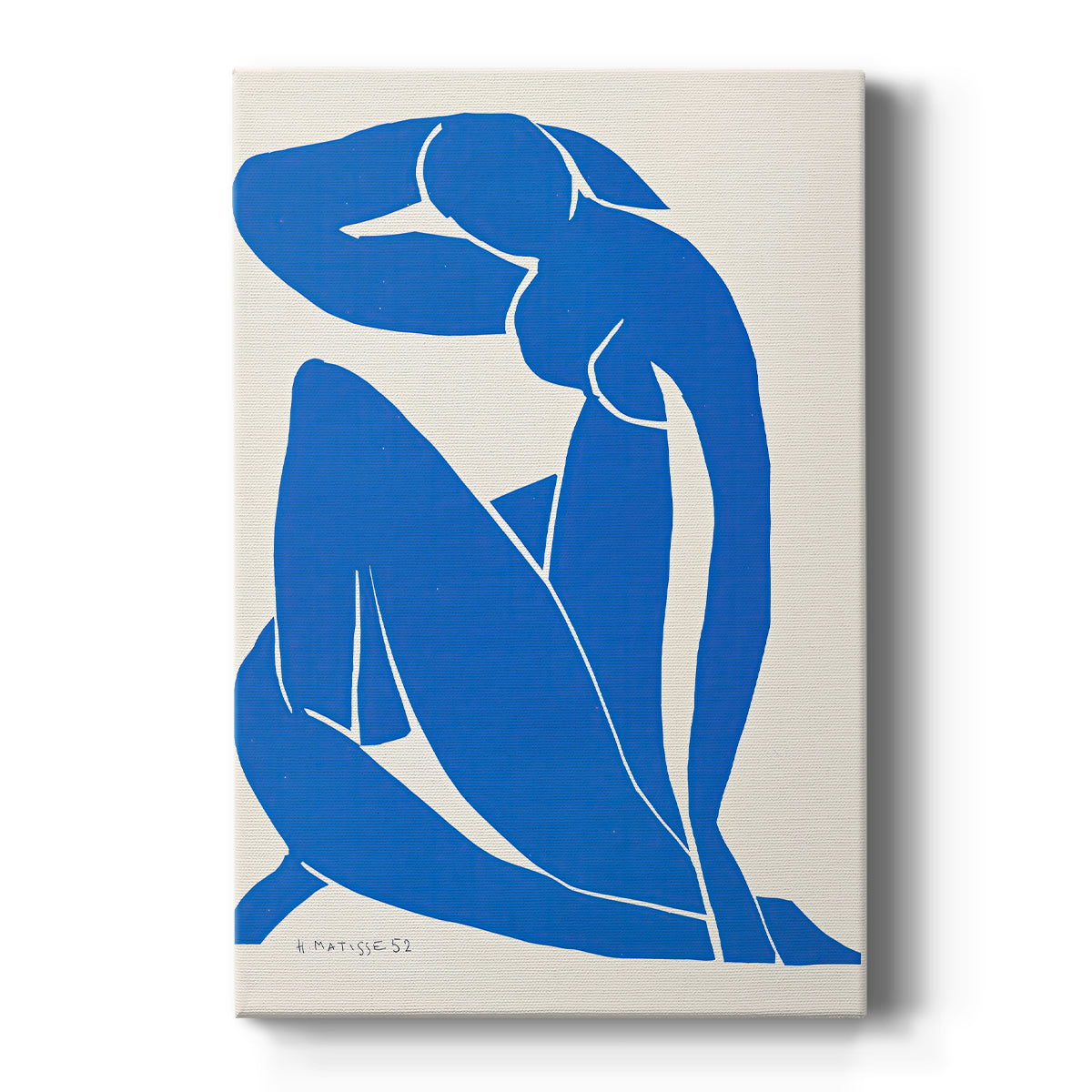 Canvas art print featuring an abstract figure of a seated nude in deep blue with cut-out forms on a clean white background.