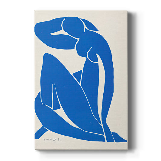 Canvas art print featuring an abstract figure of a seated nude in deep blue with cut-out forms on a clean white background.