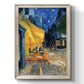 Impressionist night café street scene by Vincent van Gogh printed on canvas in an ornate black frame with gilded inner detail with a vertical orientation.