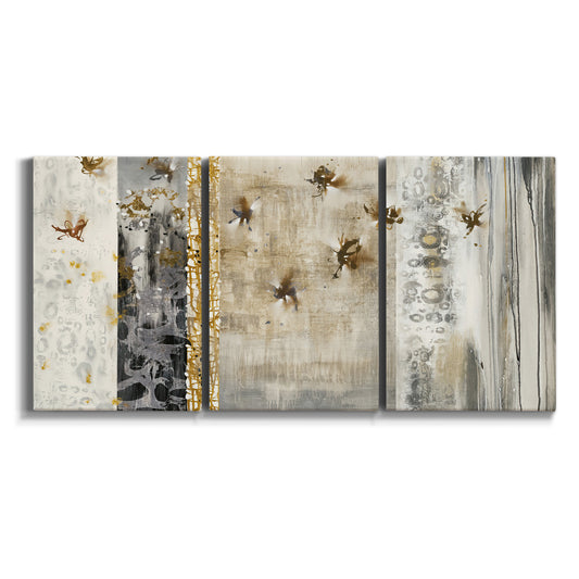 Three-panel canvas wall art featuring abstract willow inspired vertical forms on white background.