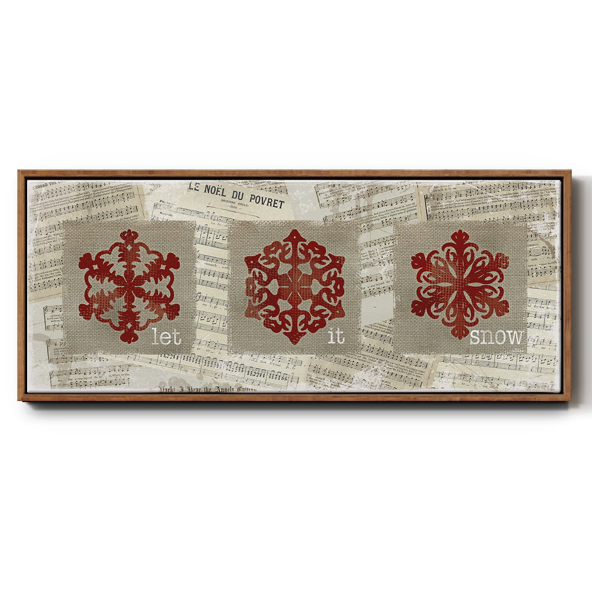 Burlap Music Snowflakes - Floater Framed Canvas Print