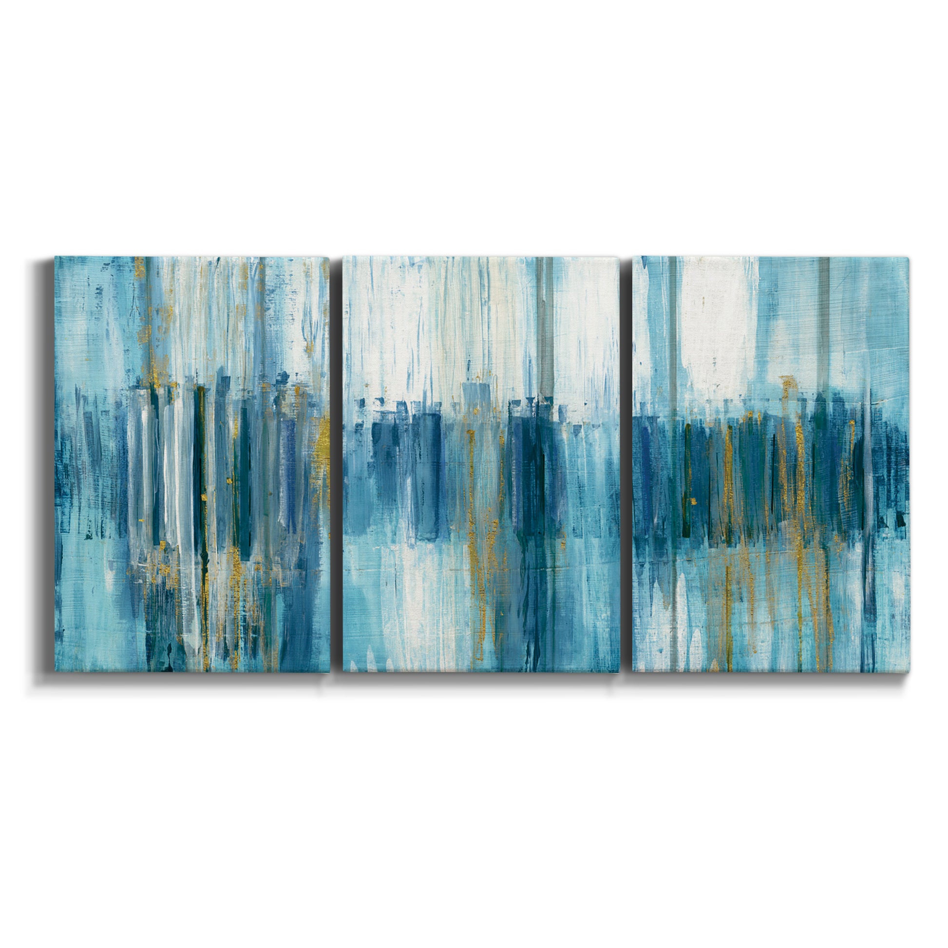 Three-panel canvas wall art featuring layered abstract earth tones on white background.