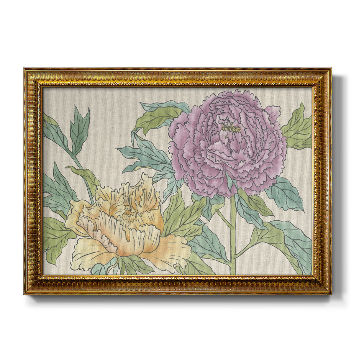 Contemporary peony flower illustration printed on canvas in an ornate traditional gold frame.