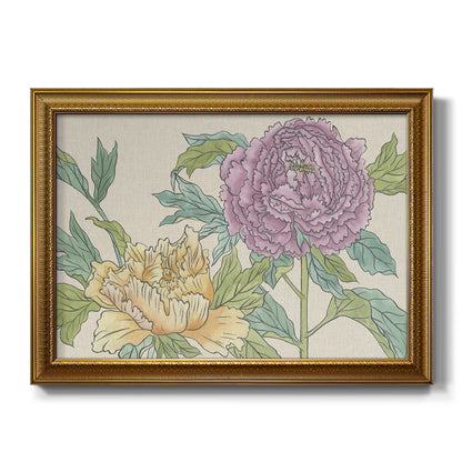 Contemporary peony flower illustration printed on canvas in an ornate traditional gold frame.