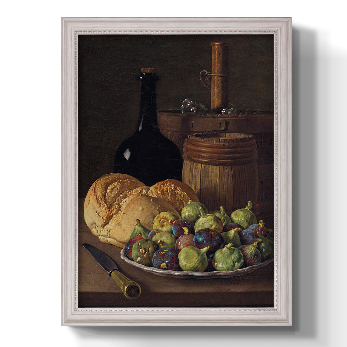 Realist still life with figs and bread by Luis Meléndez printed on canvas in an ornate weathered white frame with a vertical orientation.