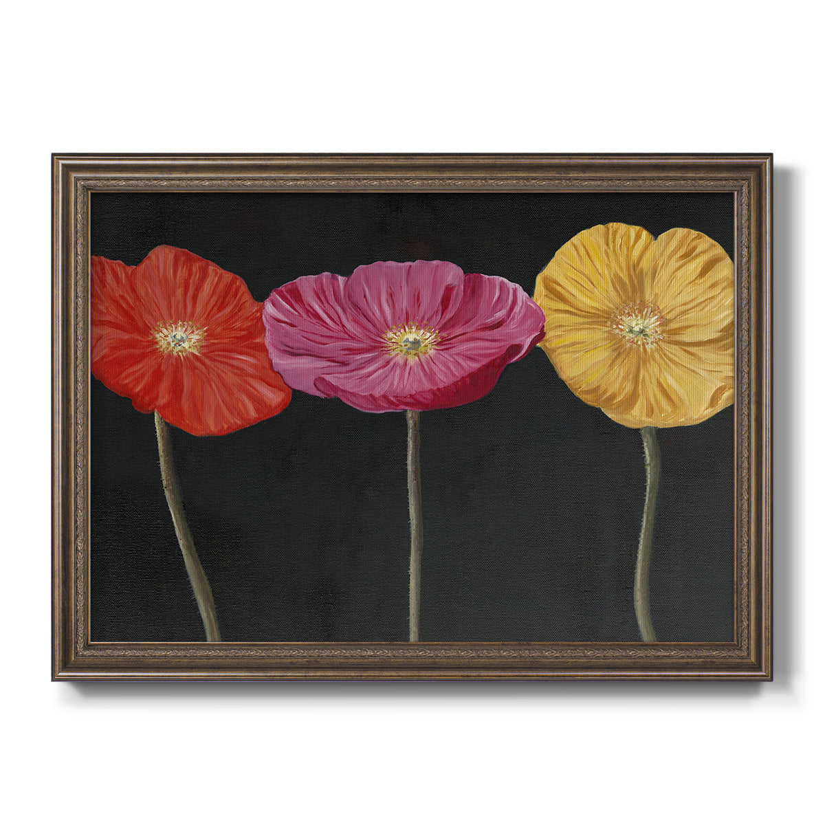 Contemporary poppy flower artwork printed on canvas in an ornate traditional bronze frame.