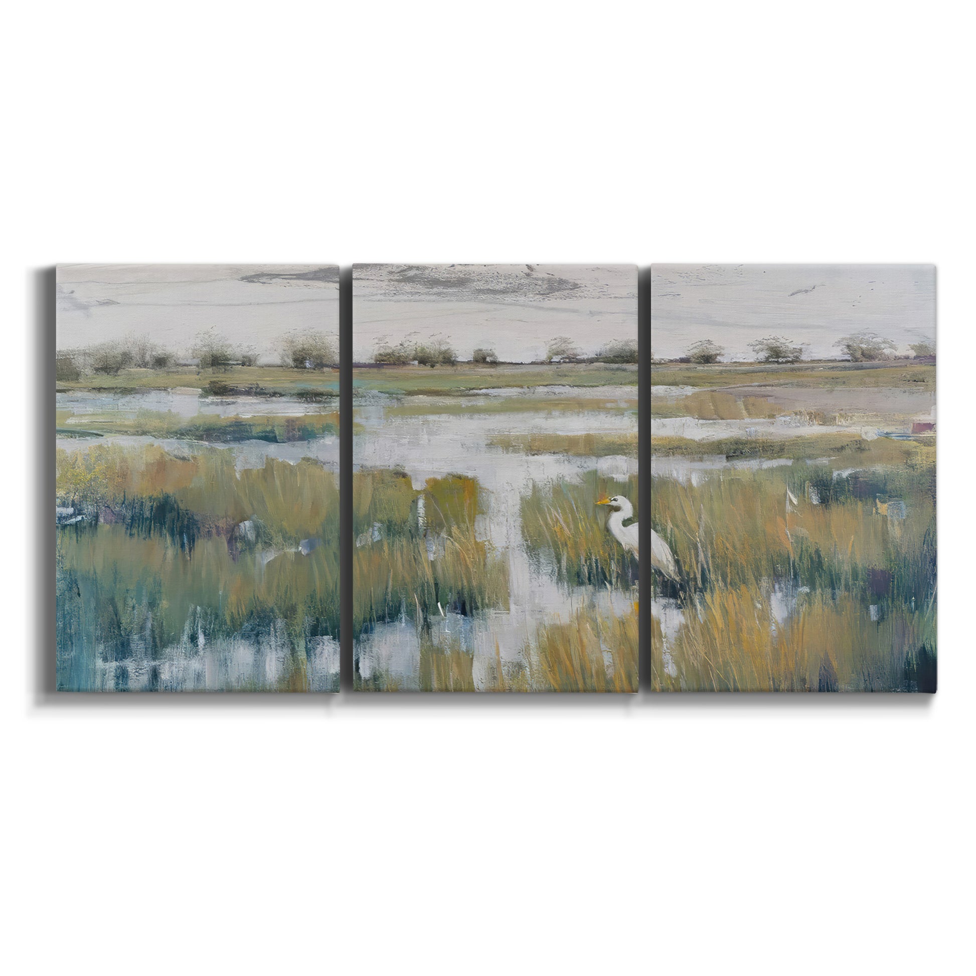 Three-panel canvas wall art featuring pastoral marshland landscape on white background.