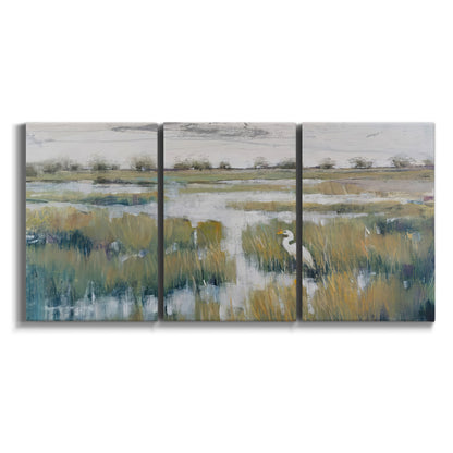 Three-panel canvas wall art featuring pastoral marshland landscape on white background.