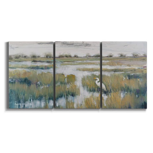 Three-panel canvas wall art featuring pastoral marshland landscape on white background.