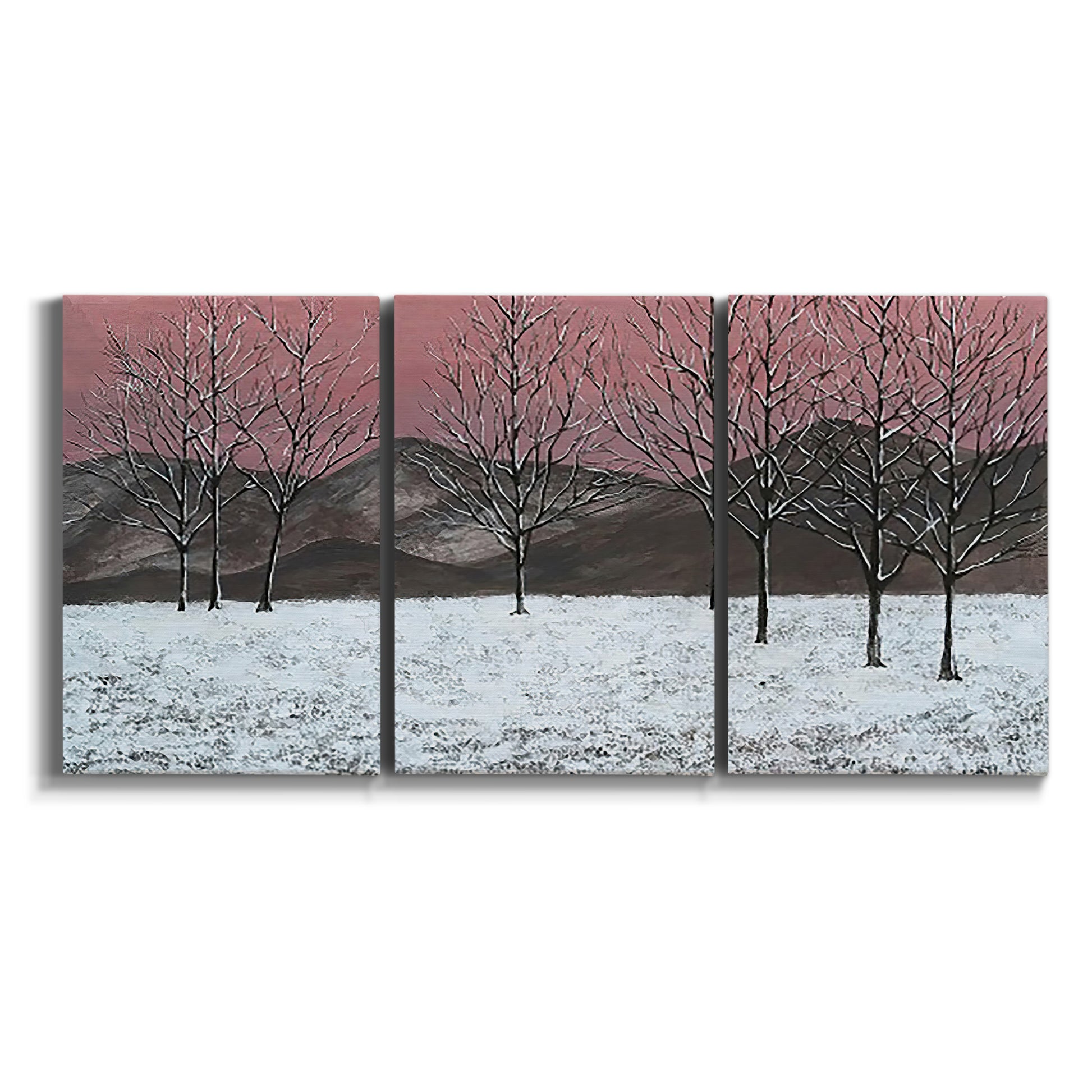 Three-panel canvas wall art featuring winter sunset snowfall landscape on white background.