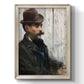 Impressionist portrait of a seated man by Édouard Manet printed on canvas in an ornate black frame with gilded inner detail with a vertical orientation.