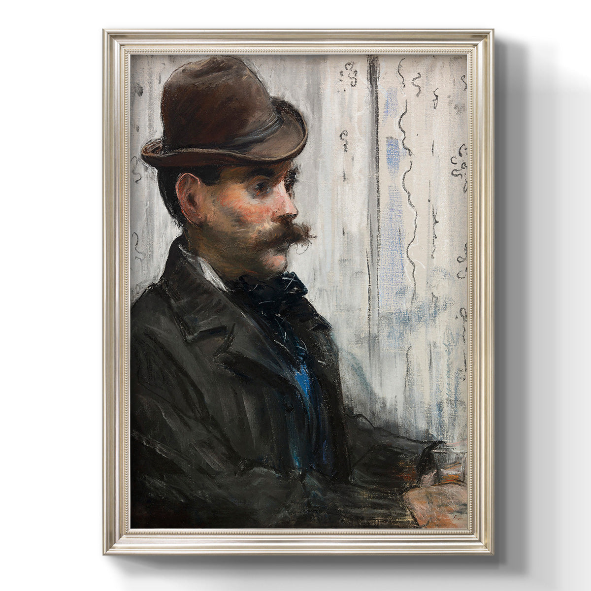 Impressionist portrait of a seated man by Édouard Manet printed on canvas in an ornate black frame with gilded inner detail with a vertical orientation.