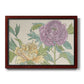 Contemporary peony flower illustration printed on canvas in an ornate cherry burl wood frame.