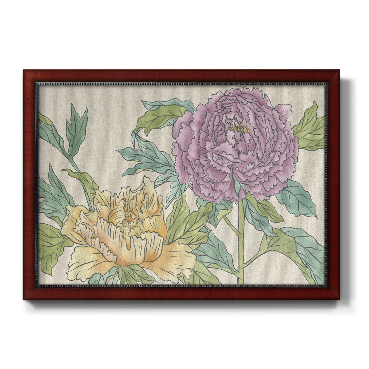Contemporary peony flower illustration printed on canvas in an ornate cherry burl wood frame.