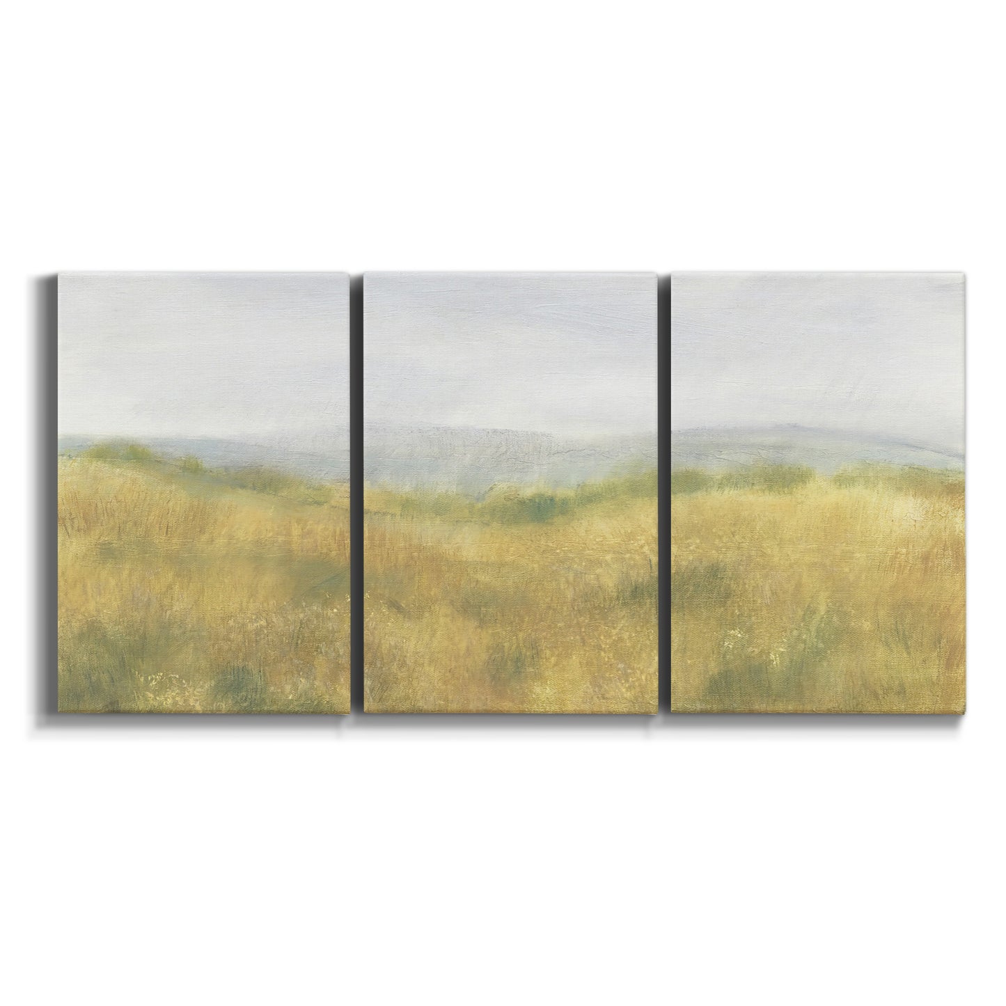 Three-panel canvas wall art featuring pastoral wheat field landscape on white background.
