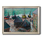 Impressionist coastal beach scene with boats by Claude Monet printed on canvas in an ornate champagne frame.