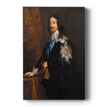 Canvas art print featuring a Baroque portrait of King Charles I in regal attire with ceremonial details on a clean white background.