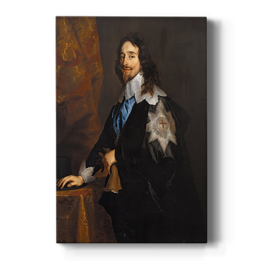 Canvas art print featuring a Baroque portrait of King Charles I in regal attire with ceremonial details on a clean white background.