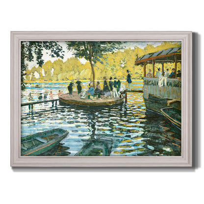Impressionist riverside leisure scene by Claude Monet printed on canvas in an ornate weathered white frame.