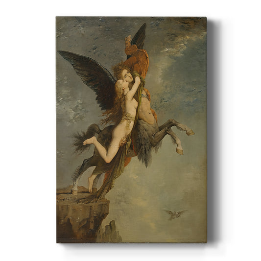 Canvas art print featuring a symbolic scene of a figure with a mythical creature in a dark setting on a clean white background.