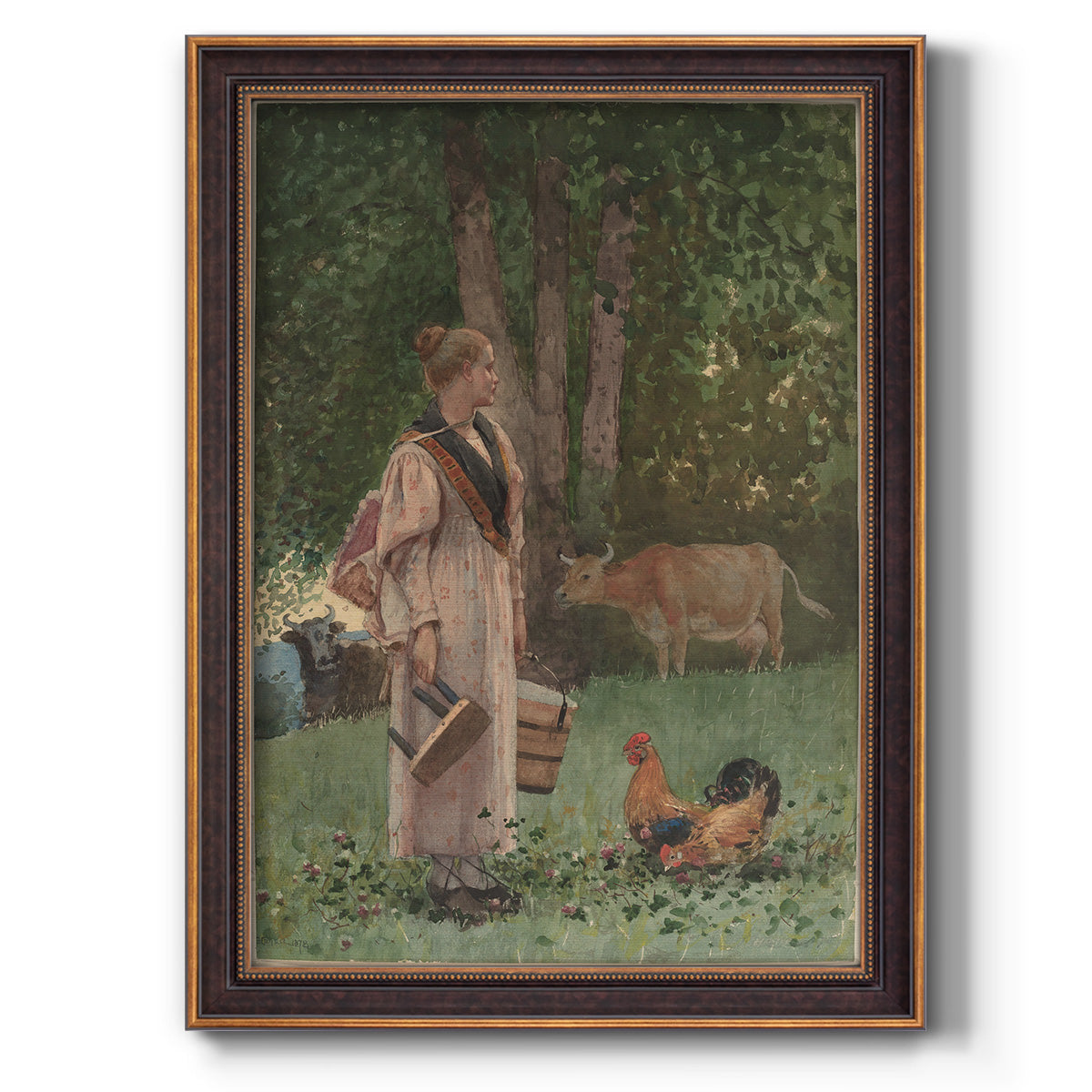 Realist genre scene of a milkmaid by Winslow Homer printed on canvas in an ornate bronzed mahogany wood frame with a vertical orientation.