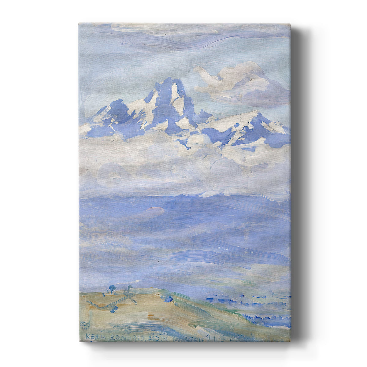 Canvas art print featuring a tranquil mountain landscape with distant peaks under a soft open sky on a clean white background.