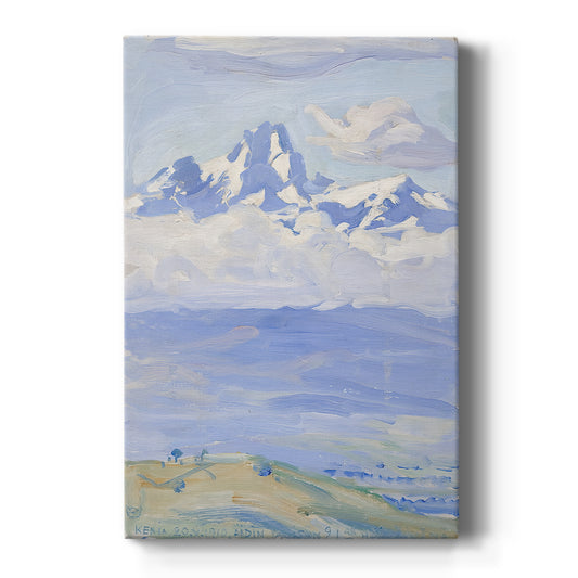 Canvas art print featuring a tranquil mountain landscape with distant peaks under a soft open sky on a clean white background.