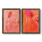 Set of two walnut barnwood framed canvas prints featuring two glamorous fluid abstracts featuring luminous coral orange and pink color fields with gold flecks.
