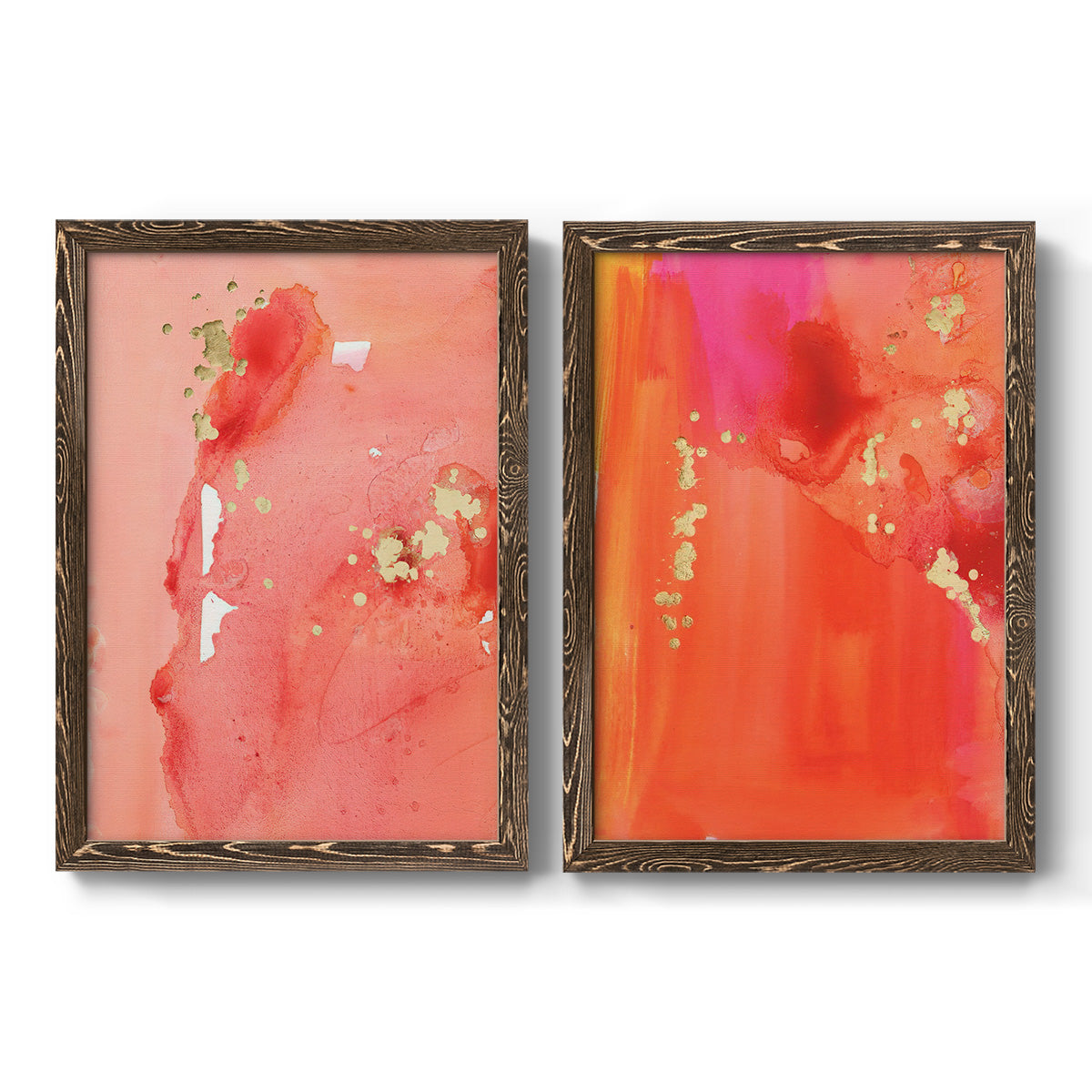 Set of two walnut barnwood framed canvas prints featuring two glamorous fluid abstracts featuring luminous coral orange and pink color fields with gold flecks.
