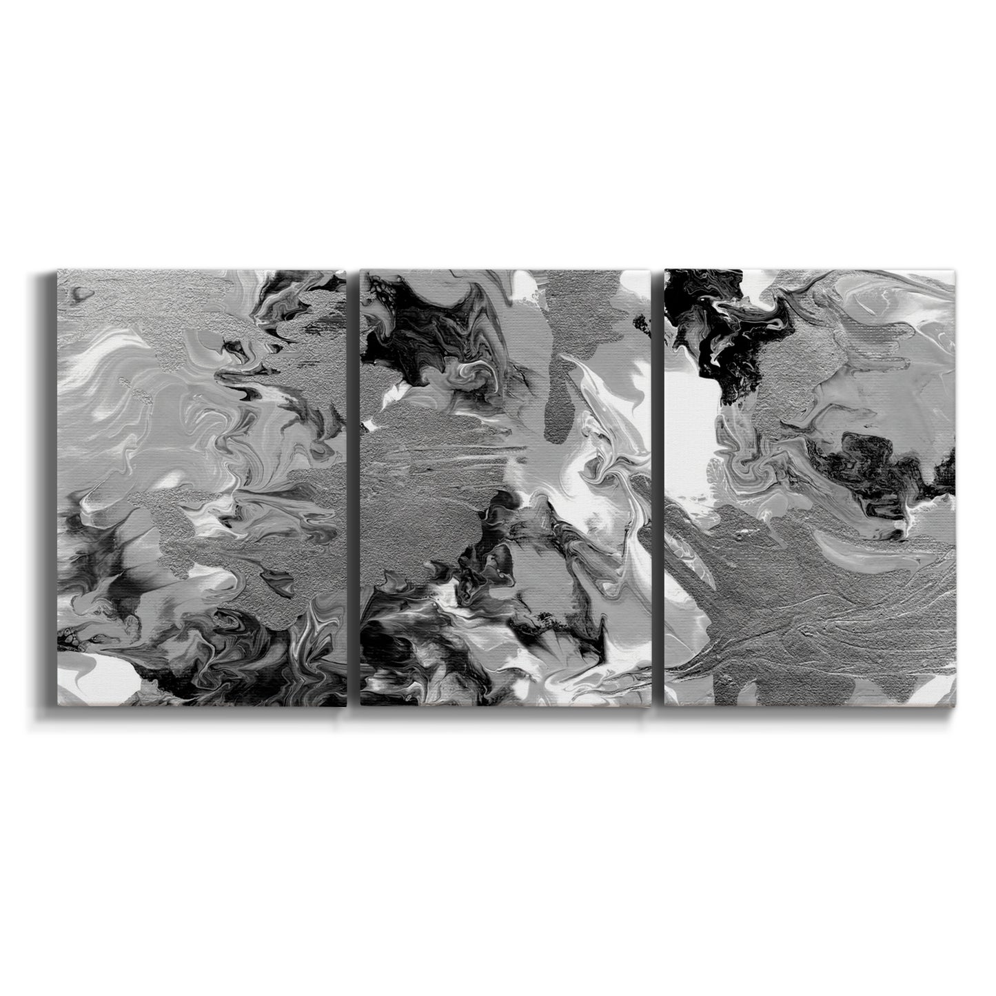 Three-panel canvas wall art featuring abstract marble texture composition on white background.