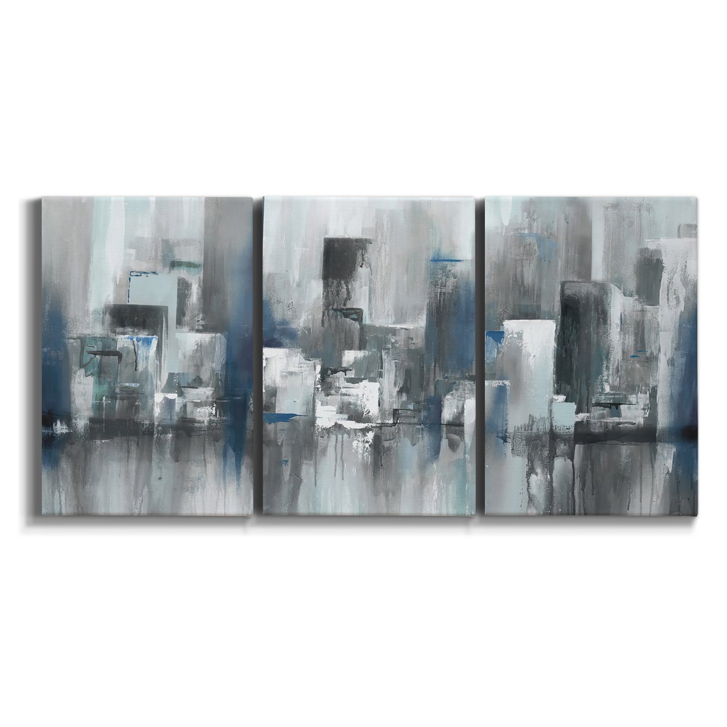 Three-panel canvas wall art featuring urban cityscape rendered in blue tones on white background.