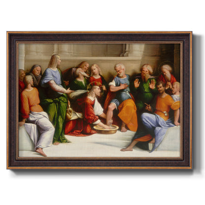 Classical religious painting depicting Christ washing feet by Benvenuto Tisi printed on canvas in an ornate bronzed mahogany wood frame.
