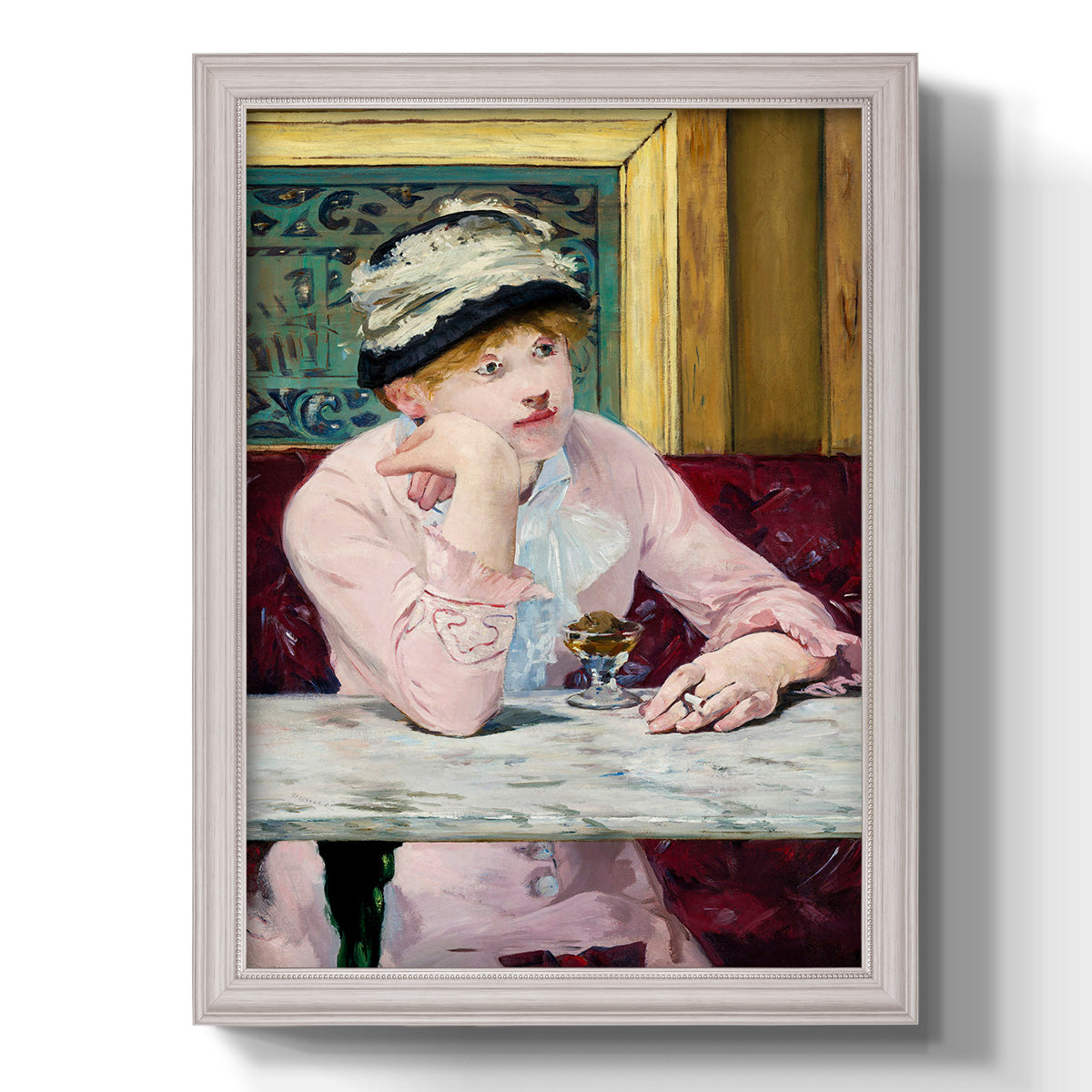 Impressionist portrait scene with plum brandy by Édouard Manet printed on canvas in an ornate champagne frame with a vertical orientation.