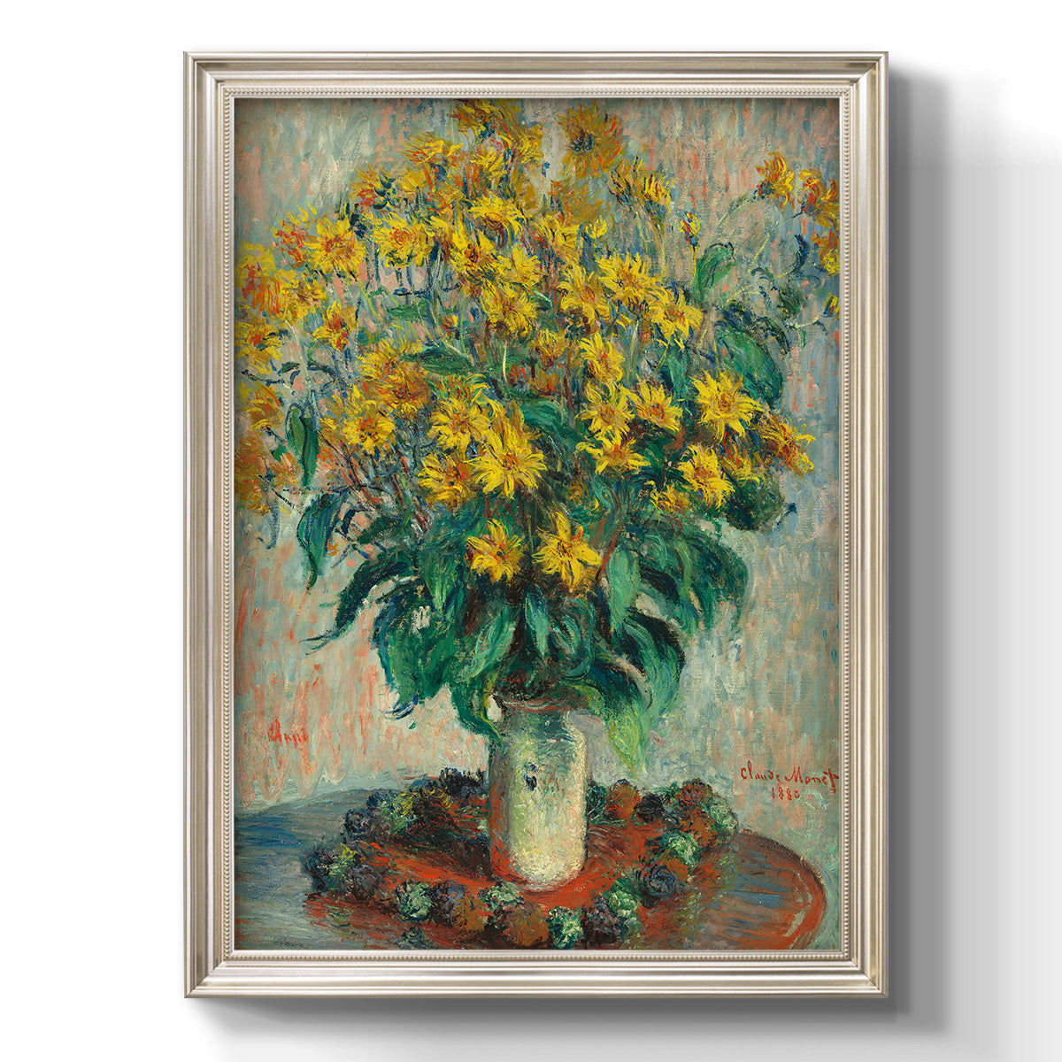 Impressionist floral painting of artichoke flowers by Claude Monet printed on canvas in an ornate champagne frame with a vertical orientation.