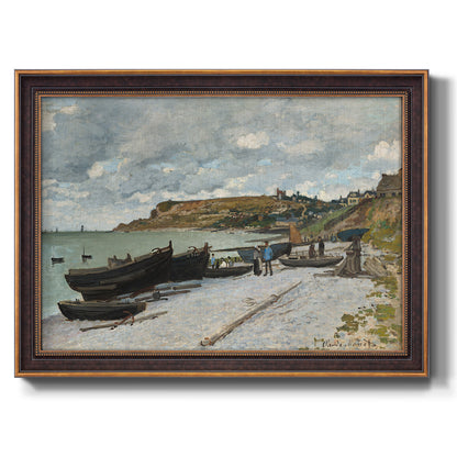 Impressionist coastal seaside scene by Claude Monet printed on canvas in an ornate bronzed mahogany wood frame.