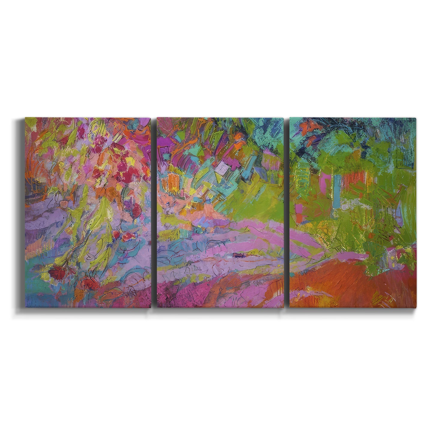 Three-panel canvas wall art featuring vibrant abstract with dramatic motion on white background.