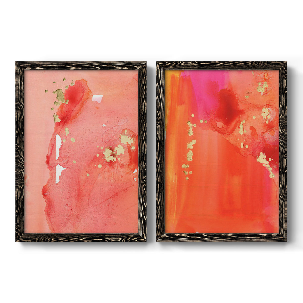 Set of two black barnwood framed canvas prints featuring two glamorous fluid abstracts featuring luminous coral orange and pink color fields with gold flecks.