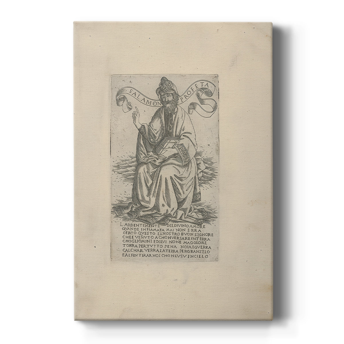 Canvas art print featuring a monochrome engraving of a seated prophet with intricate line detail on a clean white background.