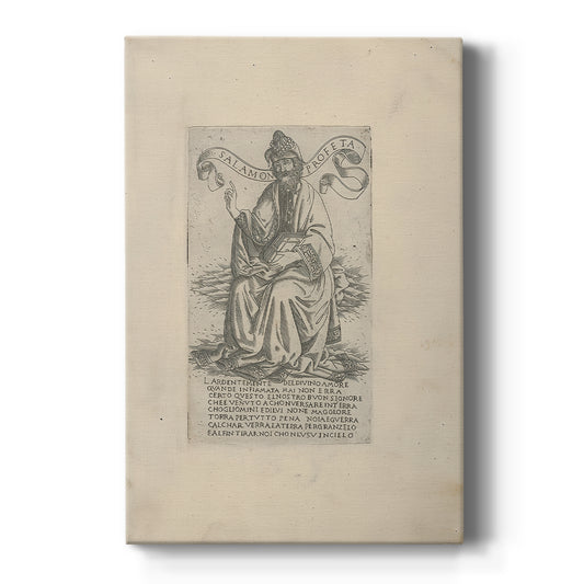 Canvas art print featuring a monochrome engraving of a seated prophet with intricate line detail on a clean white background.