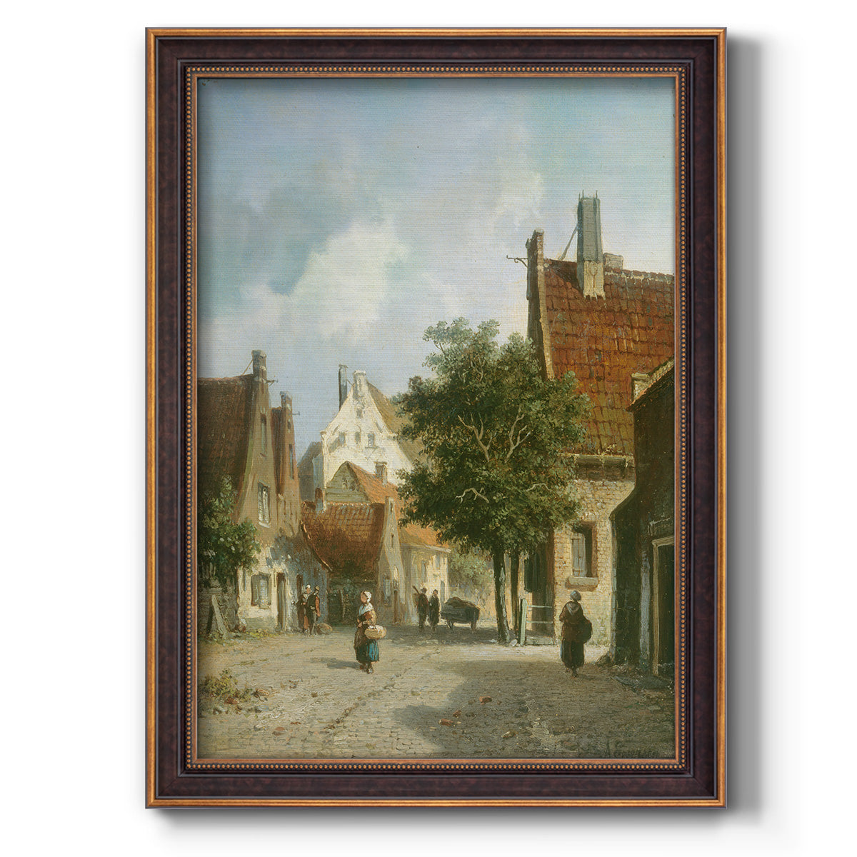 Rustic European street scene painting by Adriaan Eversen printed on canvas in an ornate bronzed mahogany wood frame with a vertical orientation.