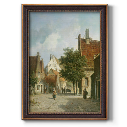 Rustic European street scene painting by Adriaan Eversen printed on canvas in an ornate bronzed mahogany wood frame with a vertical orientation.