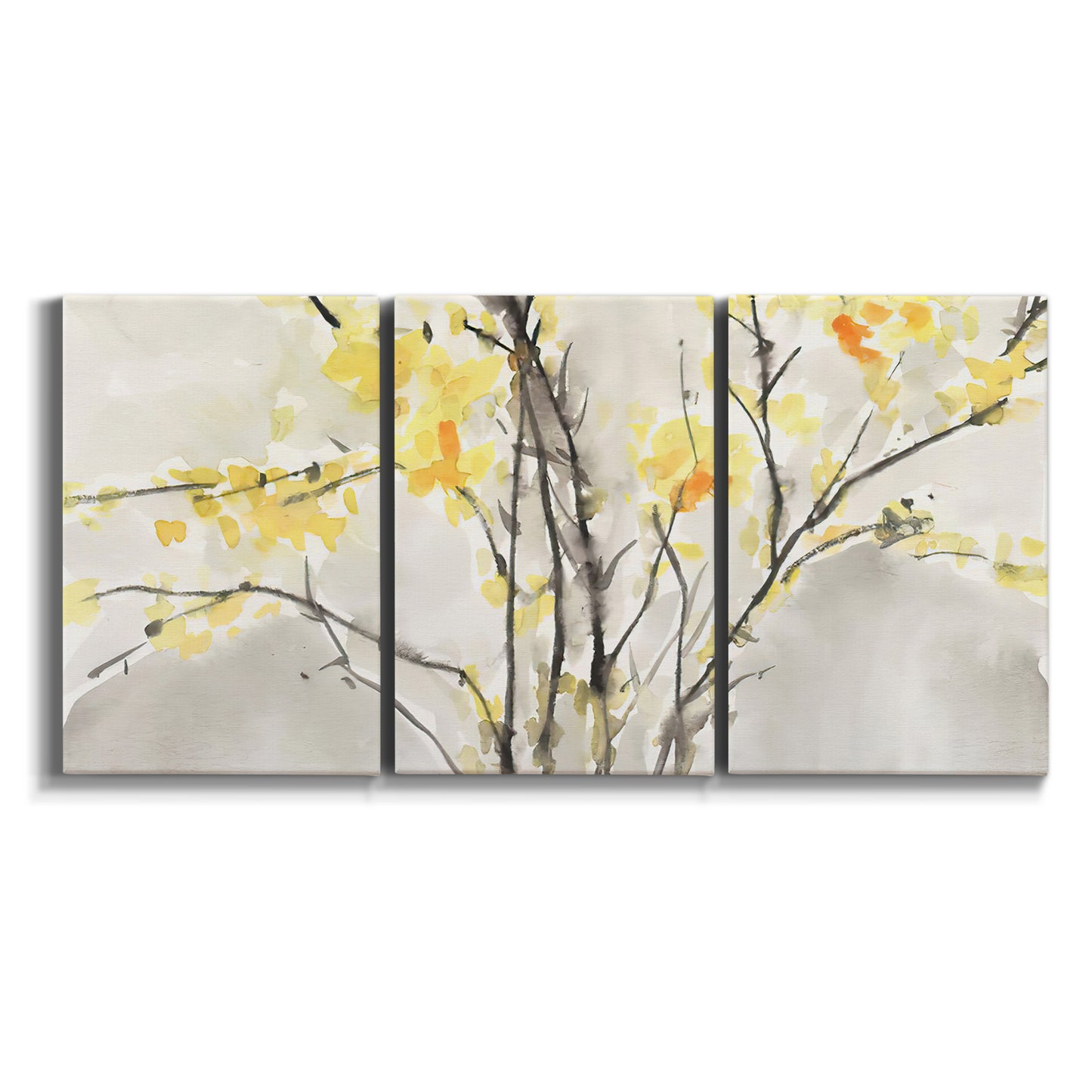 Three-panel canvas wall art featuring soft floral abstract harmony on white background.