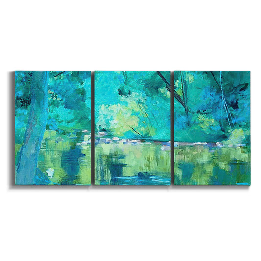 Three-panel canvas wall art featuring abstract river composition with movement on white background.