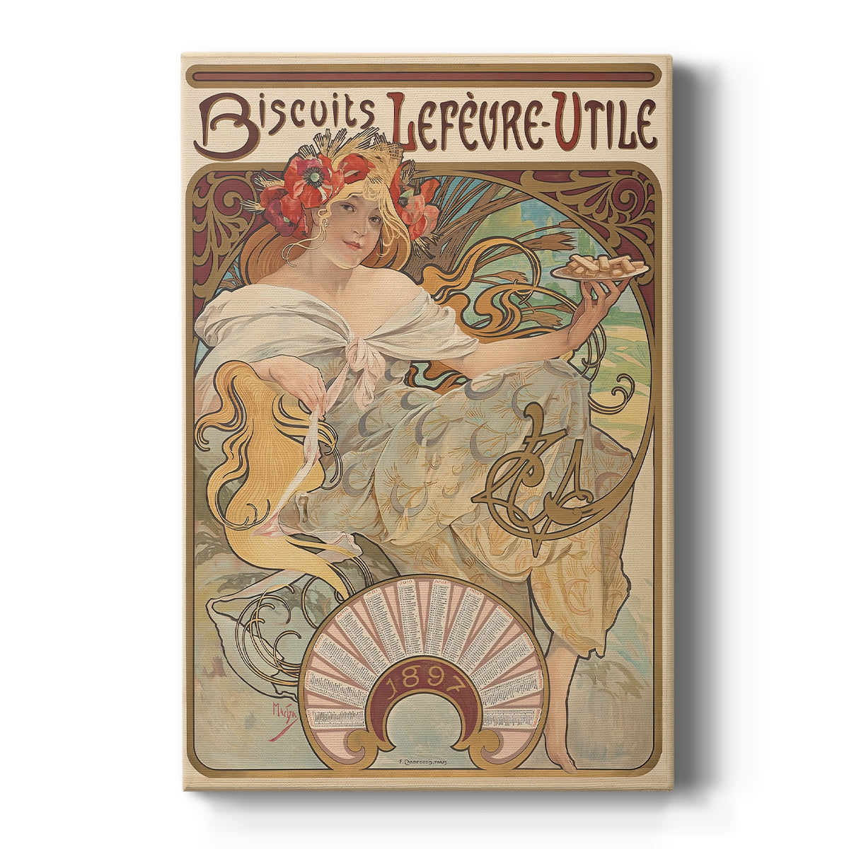 Canvas art print featuring an Art Nouveau poster of a woman with ornate details and biscuit advertisement text on a clean white background.
