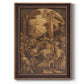 Monochrome religious painting of the raising of Lazarus by Leandro Bassano printed on canvas in an ornate bronzed mahogany wood frame with a vertical orientation.