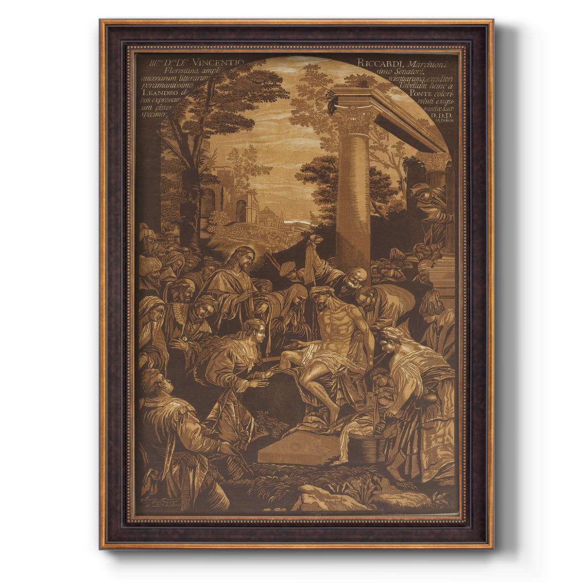 Monochrome religious painting of the raising of Lazarus by Leandro Bassano printed on canvas in an ornate bronzed mahogany wood frame with a vertical orientation.